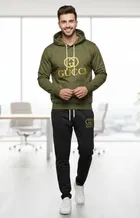 Fleece Printed Tracksuit for Men, Black & Green 