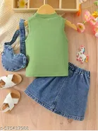 Hosiery Cotton & Denim Printed Clothing Set for Kids, Green & Blue 