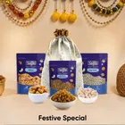 Designer Potli + Navguni Kishmish Indian (Long) 200 g + Navguni Kaju W320 200 g + Navguni Chhuara (Yellow) 250 g