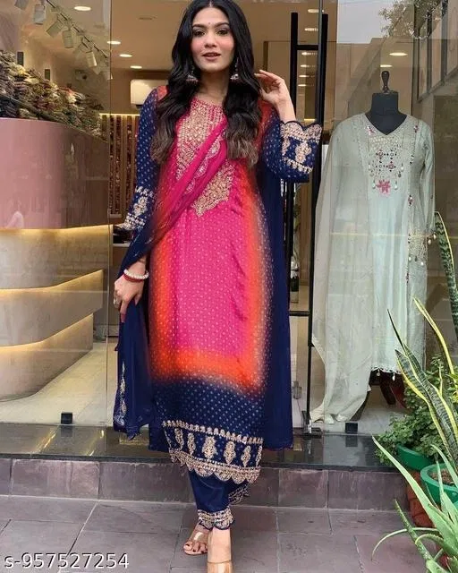 Salwar Suit With Print Embroidery and Dupatta for Women (Blue, XXL)
