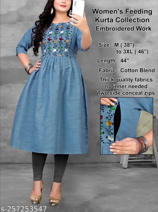Embroidered Maternity Cotton Kurti for Women (Blue, XXXL)