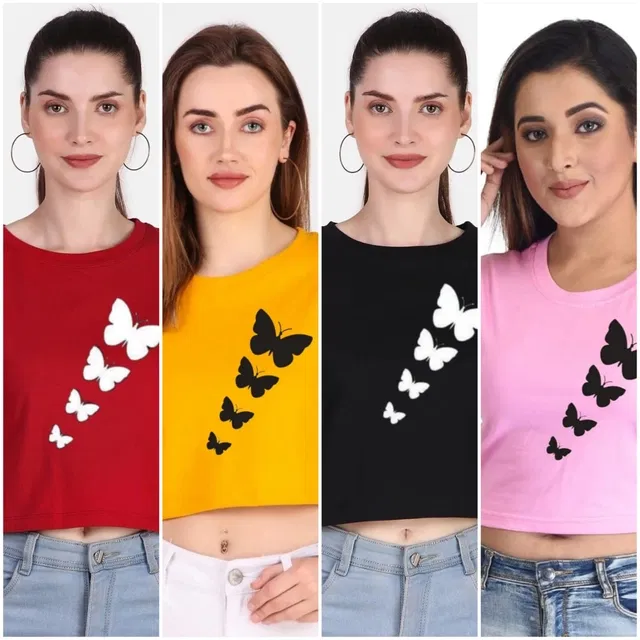 Round Neck Printed Crop T-Shirts for Women & Girls (Multicolor, XL) (Pack of 4)