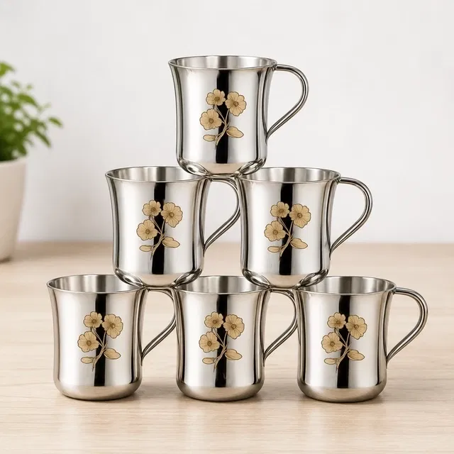 LEROYAL 6 Pcs Stainless Steel Tea Cups (Silver)