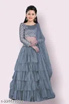 Net Solid Lehenga Choli with Dupatta for Girls (Grey, 1-2 Years)