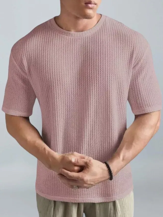 Round Neck Solid T-Shirt for Men (Pink, S)