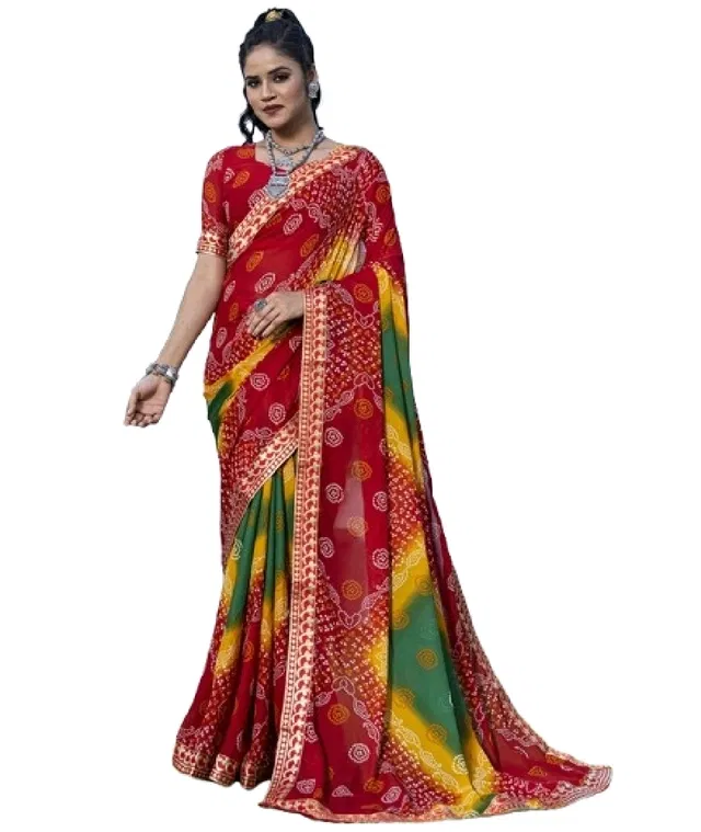 Georgette Bandhini Saree for Women (Red)
