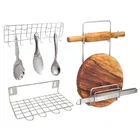 Stainless Steel Chakla Belan Stand & Wall Mounted Ladle Rail with Utensil Stand 