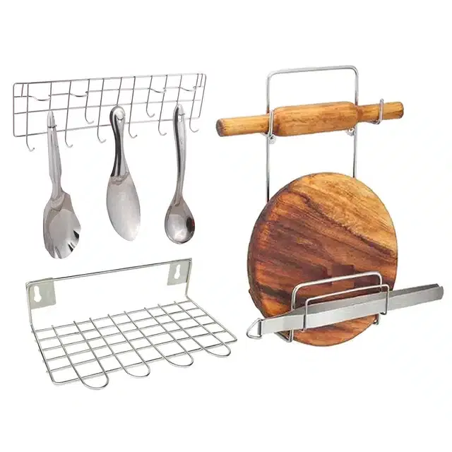 Stainless Steel Chakla Belan Stand & Wall Mounted Ladle Rail with Utensil Stand (Set of 3, Silver)