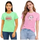 Cotton Blend T-shirt for Women, Green & Pink, Pack of 2 