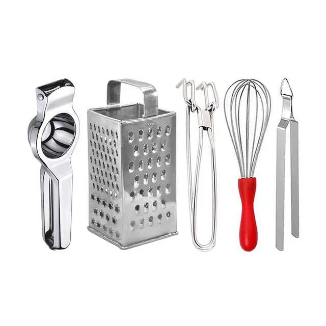 Oc9 Stainless Steel Lemon Squeezer & 4 in 1 Grater Or Slicer & Utility Pakkad & Egg Whisk & Roti Chimta Kitchen Tool Set (O-115)
