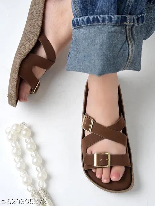 Shoetopia Brown Solid Flat Sandals (Size IND-5)