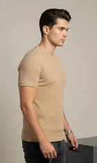 Polyester Round Neck T-shirt for Men, Beige 