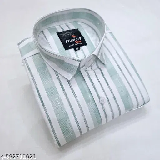 Cotton Blend Striped Shirt for Men, Sea Green (M)