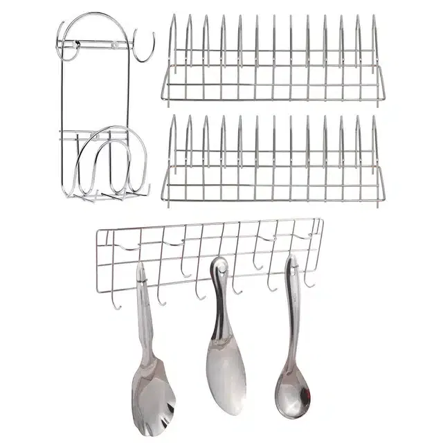 2 Pcs Stainless Steel Plate Stand & Chakla Belan Stand with Wall Mounted Ladle Rail (Set of 4, Silver)