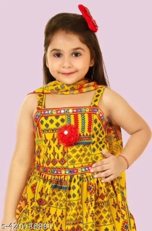 Ethnic Motif Lace Cotton Kurta Sets for Girls (Yellow, 10-11 Years)