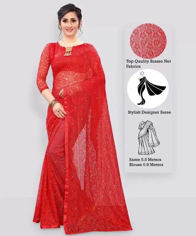 Net Solid Saree for Women (Red, 6.3 m)