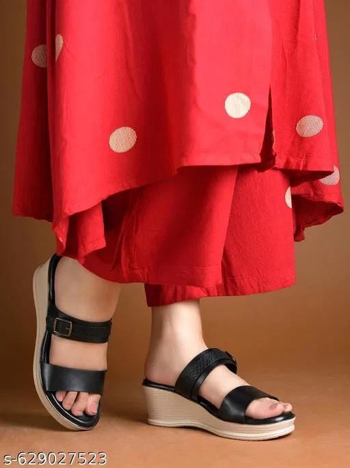 Solid Heel Sandals for Women (Black, IND-5)
