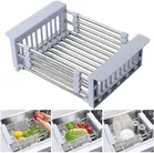 Homefit Vegetable Basket | Stainless Steel Retractable Kitchen Dish Drainer & Drying Rack Sink Basket for Washing Bowls Utensils Vegetables Fruits Storage Organizer Expandable Up to 50 cm (Pack of 1)