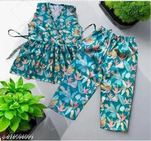 Rayon Printed Clothing Set for Girls, Green, Pack of 2 (0-6 Months)
