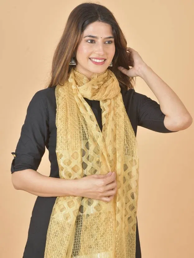 Net Solid Dupatta for Women (Beige)