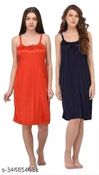 Satin Solid Nightdress for Women, Red & Navy Blue, Pack of 2 