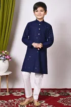 Rayon Cotton Embellished Kurta with Payjama for Boys, Navy Blue & White 