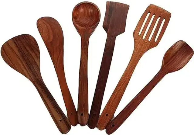 Wooden Cooking & Serving Spoons (Brown, Set of 6)