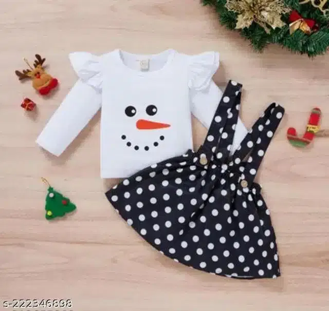 Crepe Full Sleeves Top & Bottom Clothing Set for Girls (White & Black, 1-2 Years)