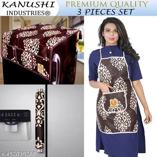 KANUSHI Industries® 1Pc Fridge Cover for Top with 6 Utility Pockets + 1 Pc Apron + 1Pc Fridge Handle Cover (RK-FRI+APRON+1-HANDLE-BROWN-FLORAL)