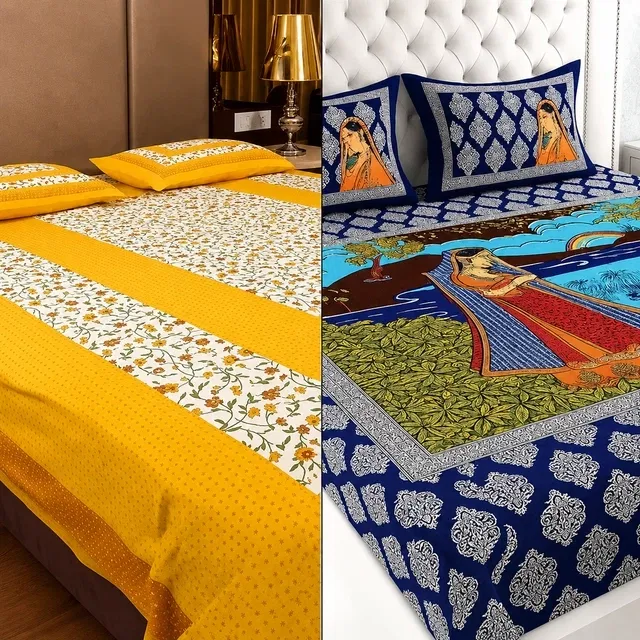 Jaipuri Cotton 88x88In(Yellow) & 82x92In Jaipuri Print Bedsheet with 2 Pillow Cover (Blue) Pack of 2