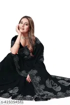 Georgette Solid Saree For Women, Black