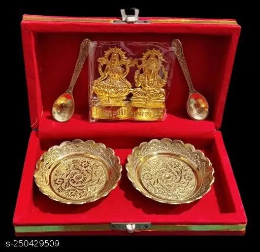 Laxmi Ganesh Ji Brass Bowl and Spoon Set, Pack of 5 (Multi, 5)