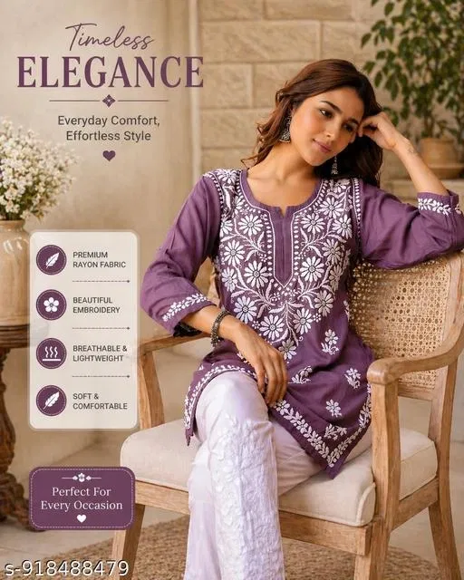 Chikankari Embroidered Short Kurti for Women (Multicolor, M)