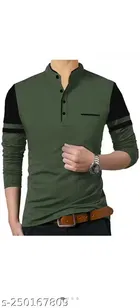 Cotton Blend Solid Full Sleeves T-Shirt for Men (Olive & Black, XXL)