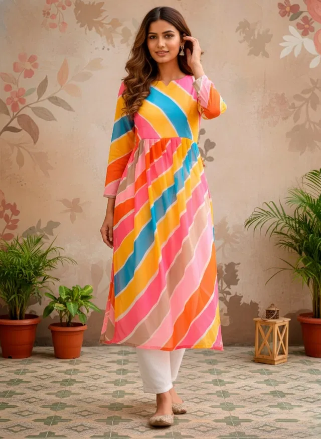 Leheriya Kurti for Women (Multicolor, L)