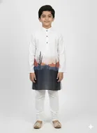 Silk Blend Printed Kurta & Paints Set for Boys , Cream 