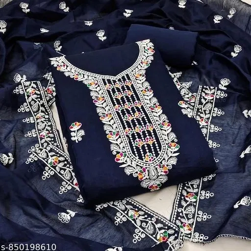 Chanderi Cotton Embroidered Unstitch Dress Material for Women (Blue)
