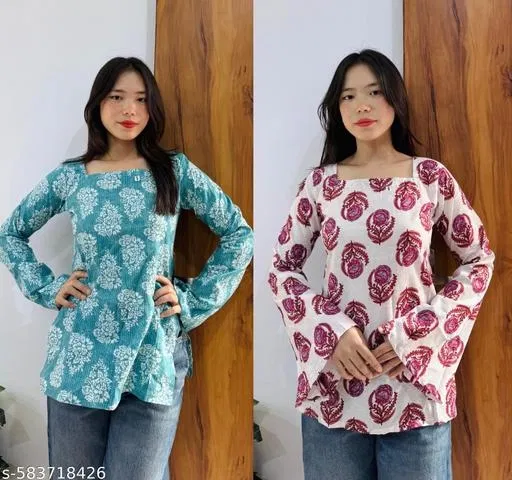 Ethnic Motif Printed Cotton Short Kurti for Women, Pack of 2 (Multicolor, XXXL)