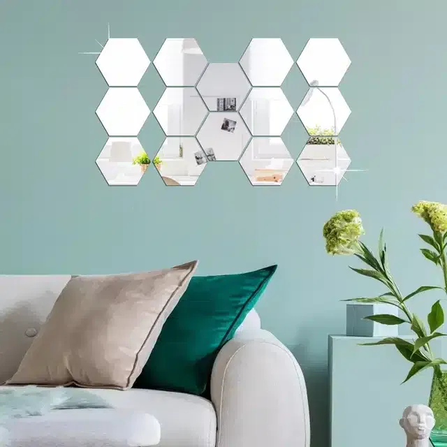 Acrylic Hexagon Shaped Wall Mirror Stickers (Silver, Pack of 14)