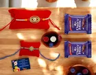 Metal 2 Pcs Rakhi with Greeting card, Roli & 2 Pcs Chocolate 
