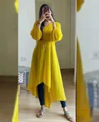 Georgette Solid Kurti for Women (Yellow, S)