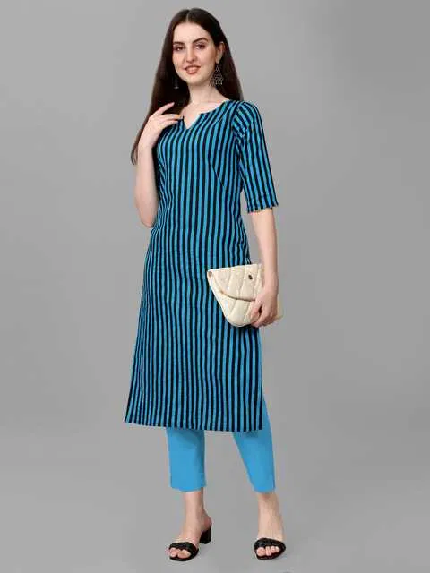 Women Cotton Blend Striped Kurta (Blue, L) (SD-679)