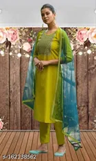 Cotton Blend Embroidered Kurta with Pant & Dupatta for Women 