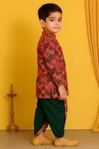 Cotton Printed Kurta with Dhoti for Boys, Red & Green  