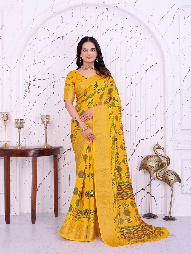 Dola Silk Printed Saree for Women, Yellow (6.3 m)