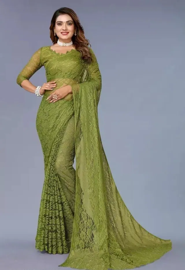 Net Floral Saree for Women (Olive, 6.3 m)
