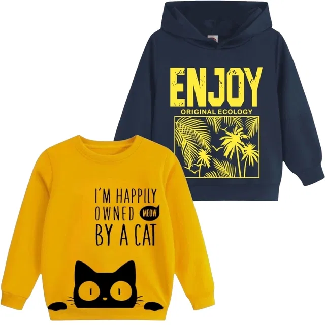 Cotton Printed Sweatshirt for Kids (Yellow & Teal, 18-24 Months) (Pack of 2)