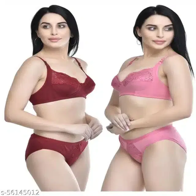 Polycotton Lingerie Set for Women (Maroon & Pink, 40B) (Pack of 2)
