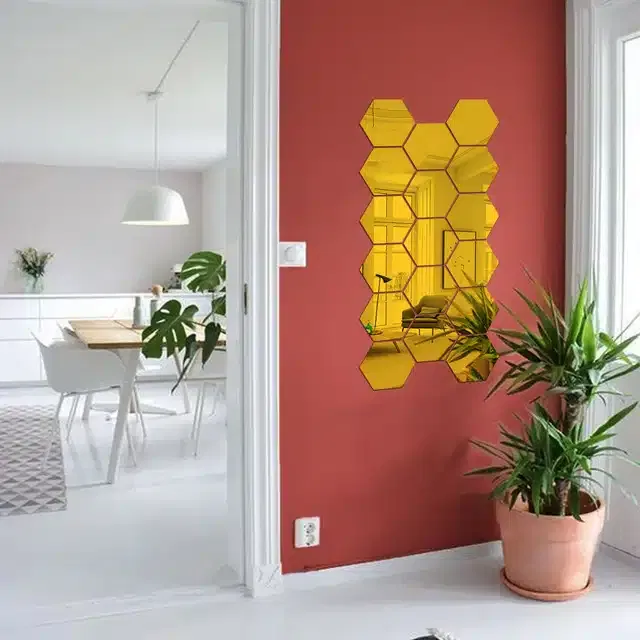Acrylic Hexagon Shaped Wall Mirror Stickers (Gold, Pack of 17)