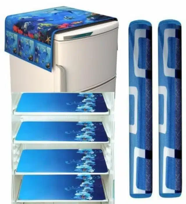 Knit Printed Fridge 4 Pcs Mat with 2 Pcs Handle & Top Cover (Multicolor, Set of 1)